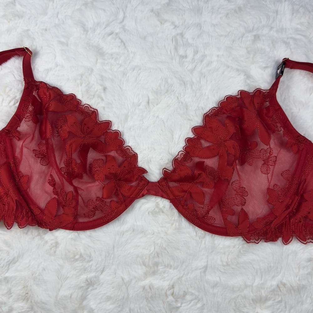 Victoria's Secret Unlined Plunge Bra 34C Red Floral Lace Sheer Underwire NWT